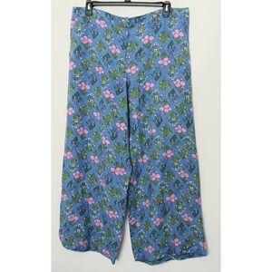 Loft Pants Women's Size XXL Wide Leg Floral Linen Blend Blue Pull-on Pockets